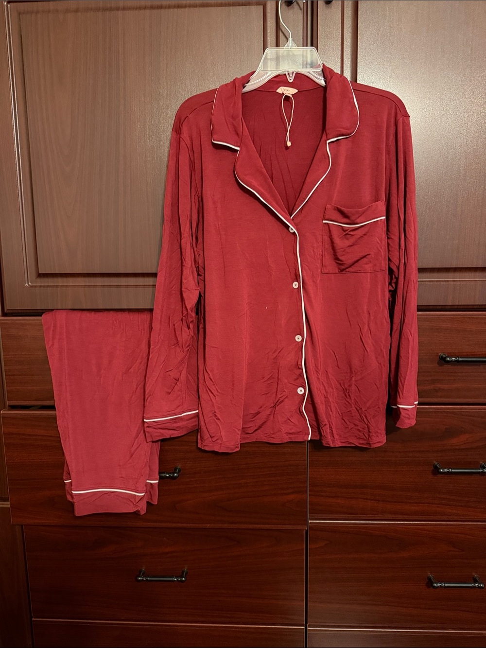 Eberjey Red Long-Sleeve Button Pajama Set with Contrast Piping MED NWOT
